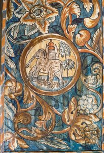 Gemälde eines Elefanten, der einen Tempel in einer ländlichen Synagoge des 18. Jahrhunderts trägt von Nathan Benn