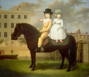Zwei Kinder auf einem schwarzen Pony sitzend von Nathan Theodore Fielding