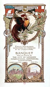 Hahn und Denkmäler, Bankettmenü des Republikanischen Komitees für Handel, Industrie und Landwirtschaft, angeboten am 22.11.1906 den Delegierten der Internationalen Handelsvereinigung der Stadt London