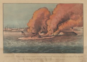 Schrecklicher Kampf zwischen der Monitor 2 Kanonen & Merrimac 11 Kanonen - In Hampton Roads März..., 1862 von Currier and Ives