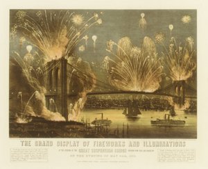 Das große Feuerwerk und die Illuminationen zur Eröffnung der großen Hängebrücke, 1883 von Currier and Ives
