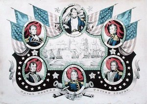 Schlacht am Eriesee mit Porträts von US-Marinehelden von Nathaniel Currier