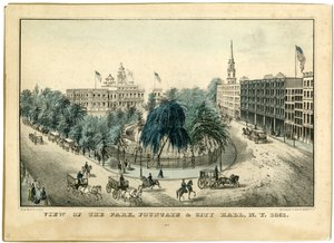 Blick auf den Park, Brunnen und Rathaus, N.Y. 1851 von Nathaniel Currier