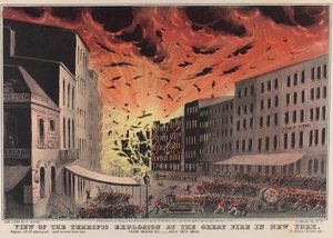 Ansicht der schrecklichen Explosion beim großen Brand in New York. Von Broad St. - 19. Juli 1845 von Nathaniel Currier