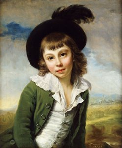 Der grüne Junge: Ein Porträt eines Jungen, halblang, in einem grünen Mantel und schwarzem Hut mit Federbusch, 1782 von Nathaniel Hone