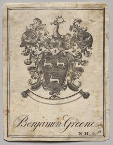 Exlibris: Wappen mit der Inschrift Benjamin Greene von Nathaniel Hurd
