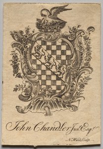 Exlibris: Wappen mit der Inschrift John Chandler Jun.r, Esq.