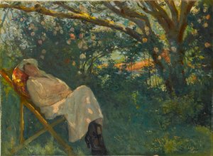 Dame in Rosa auf einer Chaiselongue von Nazmi Ziya Gueran