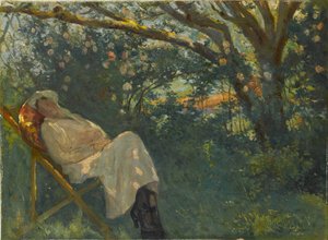 Dame in Pink auf einer Chaiselongue von Nazmi Ziya Güran