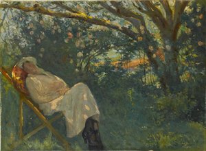 Dame in Rosa auf einer Chaiselongue von Nazmi Ziya Güran