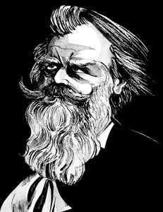 Johannes Brahms, deutscher Komponist (1833-97), Grauton-Aquarellkarikatur von Neale Osborne