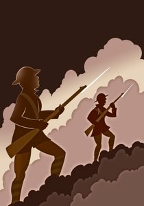 Soldaten des Ersten Weltkriegs mit Bajonetten - aus den Schützengräben auftauchend von Neale Osborne