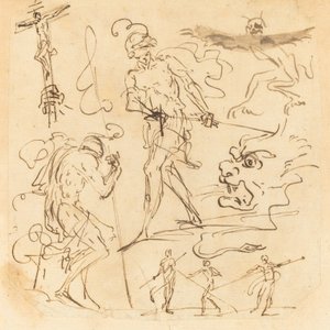 Blatt mit Studien eines Soldaten, der ein Schwert zieht, eines Kruzifixes, monströser Tiere und anderer Figuren