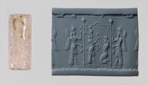 Zylindersiegel der Ishtar und moderne Impression, ca. 8.–7. Jahrhundert v. Chr. (Chalcedon)