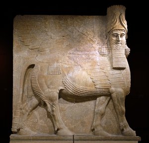 Geflügelter Stier aus Hof VIII im Palast von König Sargon II., Khorsabad, 721-705 v. Chr. (Gips?) von Neo Assyrian Neo Assyrian