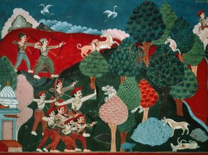 Ein König verbringt seine Tage damit, arme Gazellen ohne Grund zu töten, später, in einem anderen Leben, ist er eine Gazelle und wird von einem Jäger getötet, Detail aus dem Swayambhu Purana, einem wichtigen buddhistischen heiligen Text in Nepal