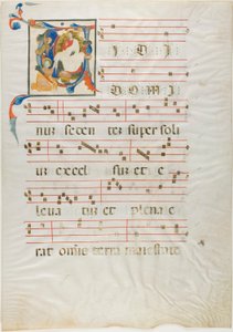 Heiliger kniet vor Gott auf einem Thron in einem historisierten Initial "V" aus einem Antiphonar
