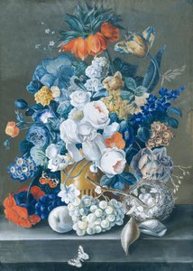 Blumenstück mit Früchten, Vogelnest und Schmetterlingen von Leopold Blonder