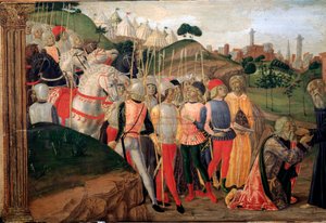 Totila, König der Ostgoten, besucht Benedikt von Nursia (Detail der Predelle) von Neroccio di  Landi
