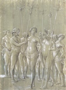 Fünf nackte Soldaten, die Stangen halten, zwei mit Helm, und drei nackte Frauen, 1522