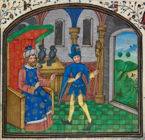 Ein Narr mit seinem Herrn, aus einem Stundenbuch des Mildmay-Meisters, ca. 1460-70