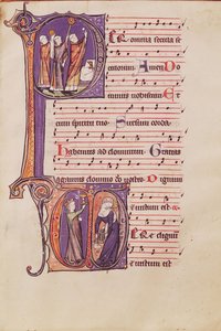 Historiierte Initialen P, die die Elevation der Hostie darstellen, und D, die die Kirche und die Synagoge darstellen, aus einem Missale der Abtei St. Peter der Große