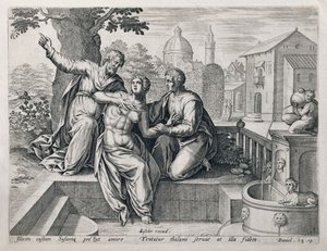 Susanna und die Ältesten, aus einer Serie, die Szenen aus der Bibel illustriert, veröffentlicht von Claes Jansz Visscher, ca. 1590