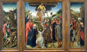 Die Kreuzabnahme, flankiert von (L) Adam und Eva trauern um Abel und (R) Josephs Mantel wird Jakob gezeigt, Triptychon, um 1470 von Netherlandish School