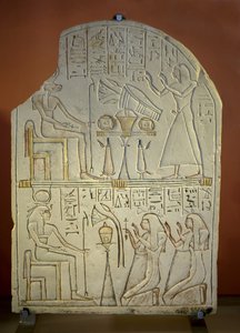 Stele von Penboui mit Toueris und Isis Hathor (bemalter Kalkstein, Neues Reich)