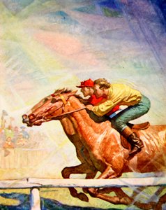 Fluchend und peitschend zog der Jockey zum Ziel (Farblithografie)