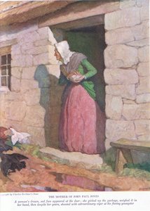 Die Mutter von John Paul Jones: Eine Frau mit gezeichnetem, traurigem Gesicht erschien an der Tür; sie hob das Paket auf und wog es in ihren Händen von Newell Convers Wyeth