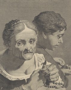 Kopie in umgekehrter Richtung einer alten Frau mit einem Rosenkranz und einem Jungen, der Münzen zählt, Platte 10