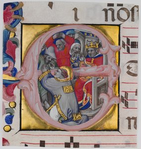Manuskript-Illumination mit dem Martyrium des Heiligen Stephanus in einem Initial E von Niccolò di Giacomo da Bologna