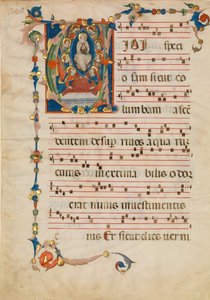Manuskriptblatt mit der Himmelfahrt der Jungfrau Maria in einem Initial V, aus einem Antiphonar