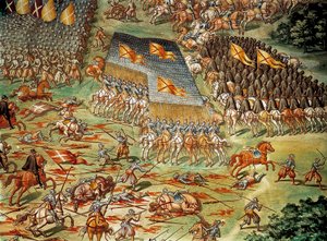 Die Schlacht von St. Quentin, die 1557 den Sieg der Spanier über die Franzosen während der Italienischen Kriege sah, Detail mit Kavallerieangriff von Niccolo (and workshop) Granello