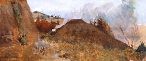 Kohlenmeiler in der Landschaft