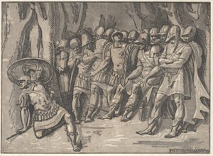 Ajax unten links hält ein Schild hoch, rechts steht Agamemnon umgeben von seinen Leuten, 1540-50 von Niccolo Vicentino