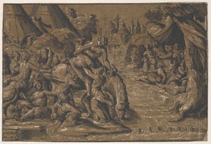 Cloelia, die römische Heldin, in der Mitte, die auf ein Pferd geholfen wird, Rom im Hintergrund..., 1540-50