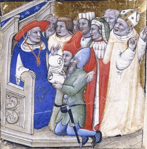 Ein Kardinal, der über einen Bischof urteilt, angeklagt von zwei Laien, um 1380