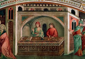 Berufung des Heiligen Matthäus, Szene aus den Geschichten des Heiligen Matthäus, ca. 1390, von Niccolò di Pietro Gerini, Fresko, Migliorati-Kapelle, San Francesco Kirche, Prato, Toskana, Italien