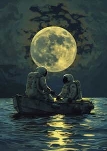 Astronautenpaar in mondbeschienenen Gewässern