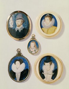 Miniaturen, von L nach R, T nach B: Mann mit einer Hand aus einer Wolke; Unbekannter junger Mann, 1588; Mrs. Holland im Alter von 26, 1593; Arabella Stuart, Herzogin von Lennox; Unbekannte Dame von Nicholas Hilliard