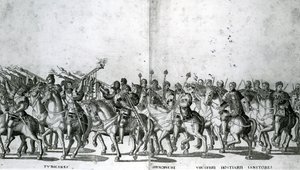 Platte 12 und 13 des Einzugs von Papst Clemens VII. und Kaiser Karl V. in Bologna am 24. Februar 1530, veröffentlicht ca. 1530 von Nicholas Hogenberg