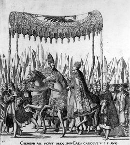 Der Einzug von Papst Clemens VII. und Kaiser Karl V. in Bologna am 24. Februar 1530, Platte 27 (Detail) von Nicholas Hogenberg