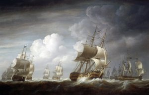 Eine Flotte von Indiaman-Schiffen, britische Schiffe der Ostindien-Handelsgesellschaft. Öl auf Leinwand von Nicholas Pocock