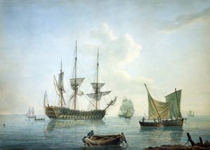 Drittklassige Fregatte (70 Kanonen), ein Fischerboot und andere Boote vor der Südküste Englands