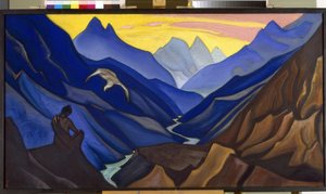 Gebote des Meisters. Ein Mann, der in einer bergigen Landschaft Tibets meditiert, wird von einem großen weißen Vogel überflogen, buddhistische Spiritualität von Nicholas Roerich