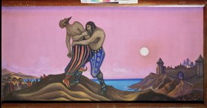 Das Duell zwischen Mstislav und Rededya. Gemälde von Nicholas Roerich (1874-1947), Tempera auf Leinwand von Nicholas Roerich