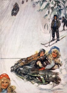 Mädchen auf umgestürztem Schlitten, Holmencollen, 1905