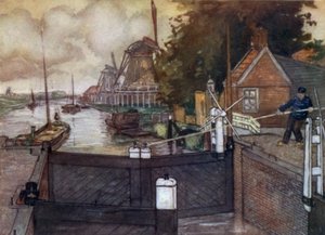 Noordervaldeursluis, Zaandam (Farblithografie) von Nico Jungman